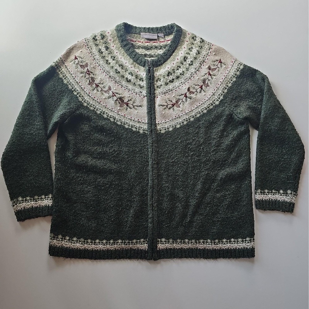 Vintage Croft & Barrow 1X Silk Wool Fair Isle Cardigan Pinecone Embroid Sweater